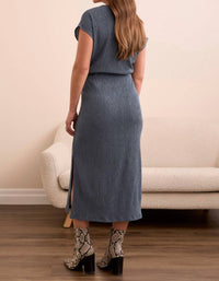 Tribal - Two-tone Crinkle Knit Belted Midi Dress