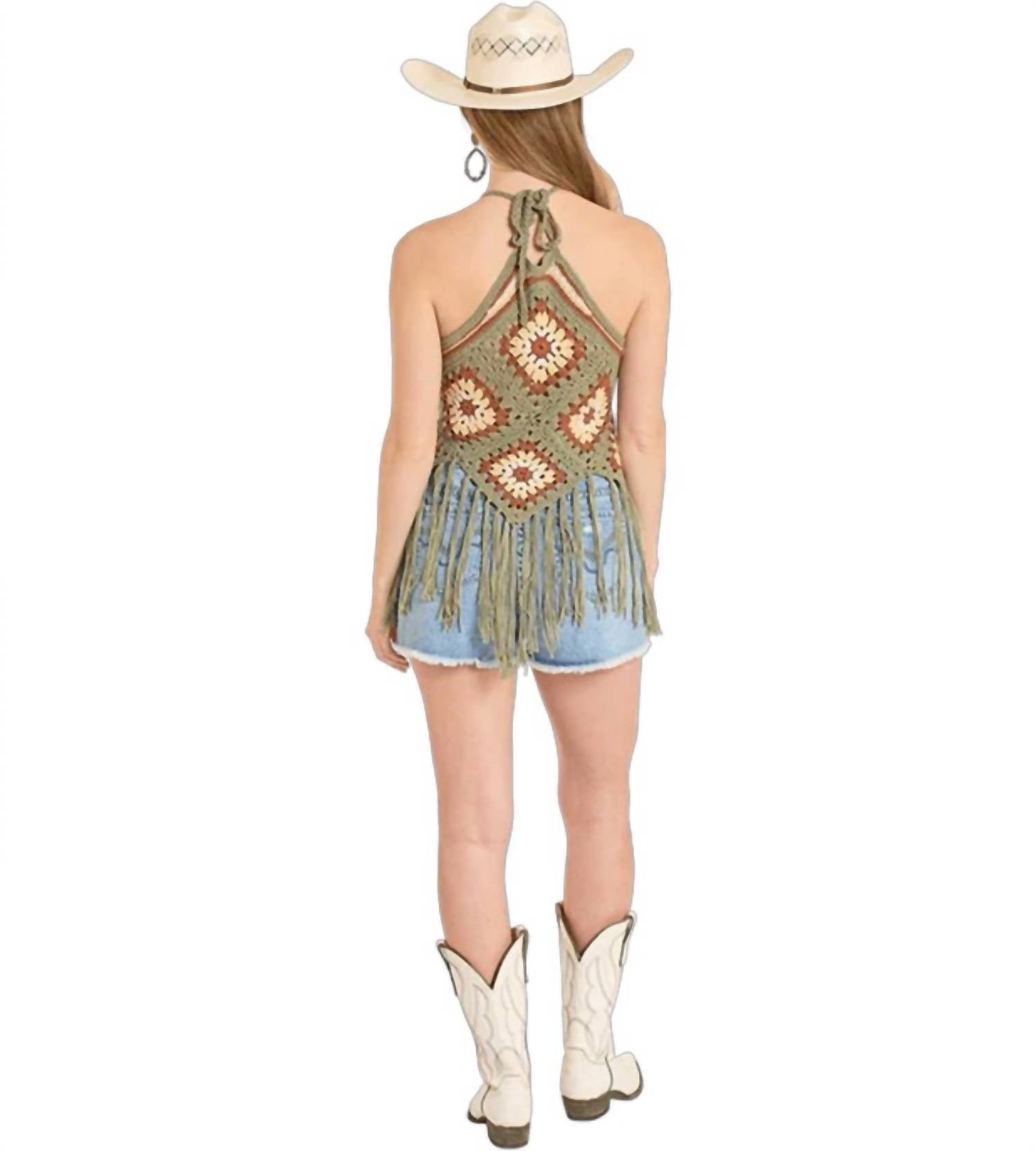 Rock & Roll Denim Crochet Halter Top With Fringe in jade - women's tank top - detail view