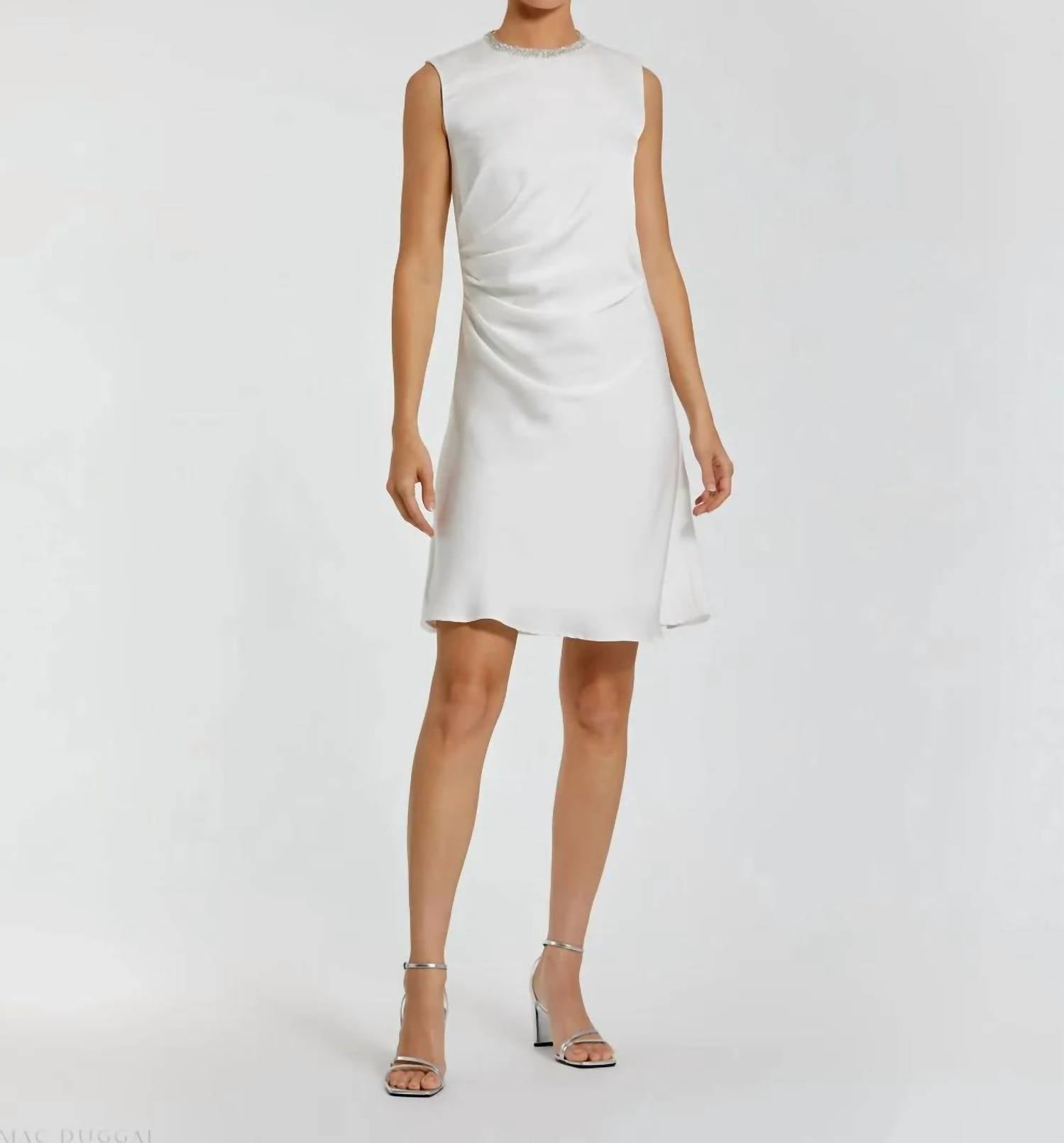 Mac Duggal - Rhinestone Neckline Draped Mini Dress