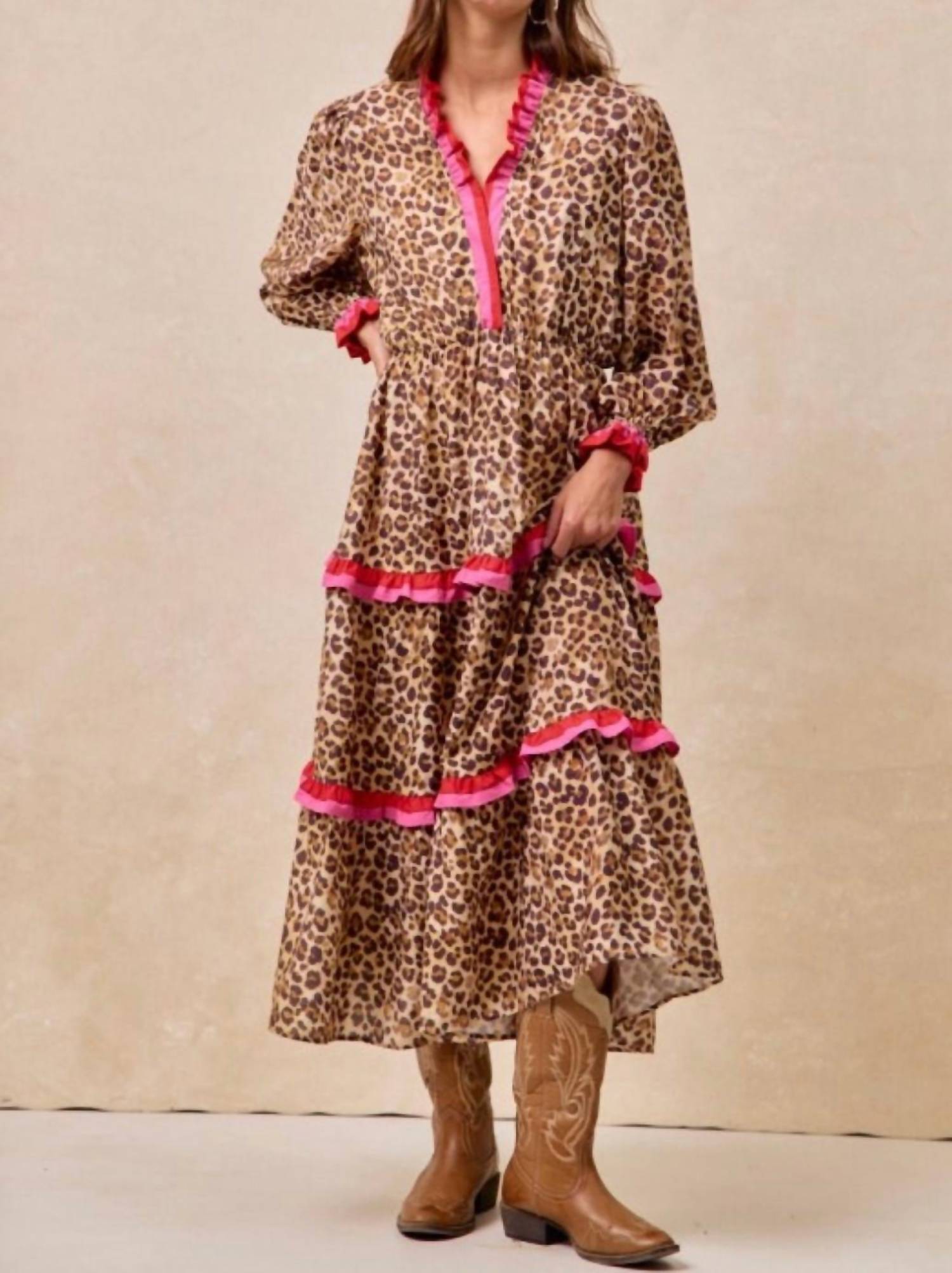 BiBi Leopard Printed Midi Dress With Contrast Stripe in beige - women's dress - detail view