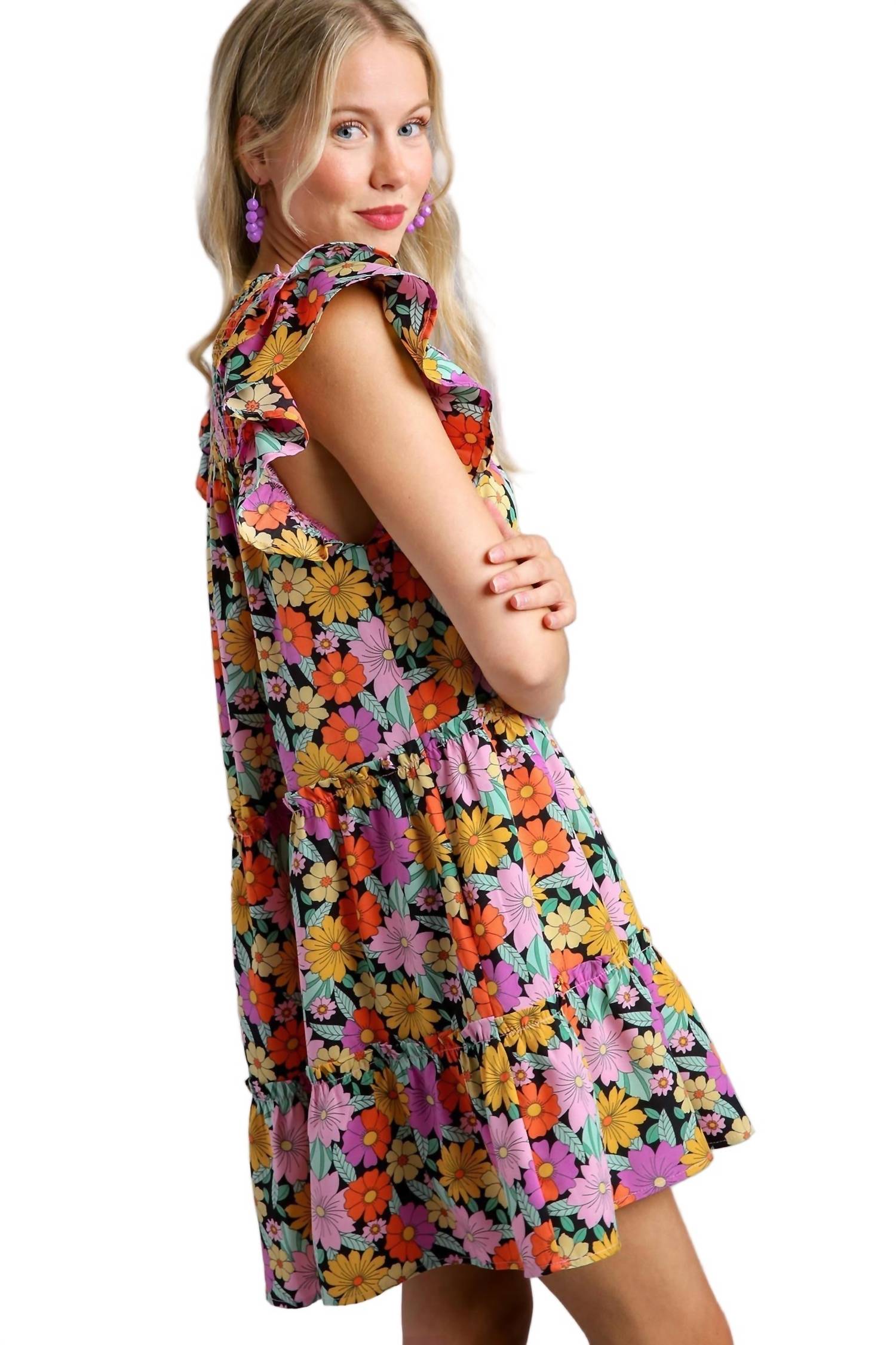 Umgee - Floral Double Layered Ruffle Sleeve Dress