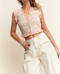 DAVI & DANI Crochet Lace Ruffle Vest in pink natural - women's jacket - view 4