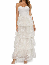 DRESS THE POPULATION 3d Butterfly Strapless Tiered Gown in white - women's dress