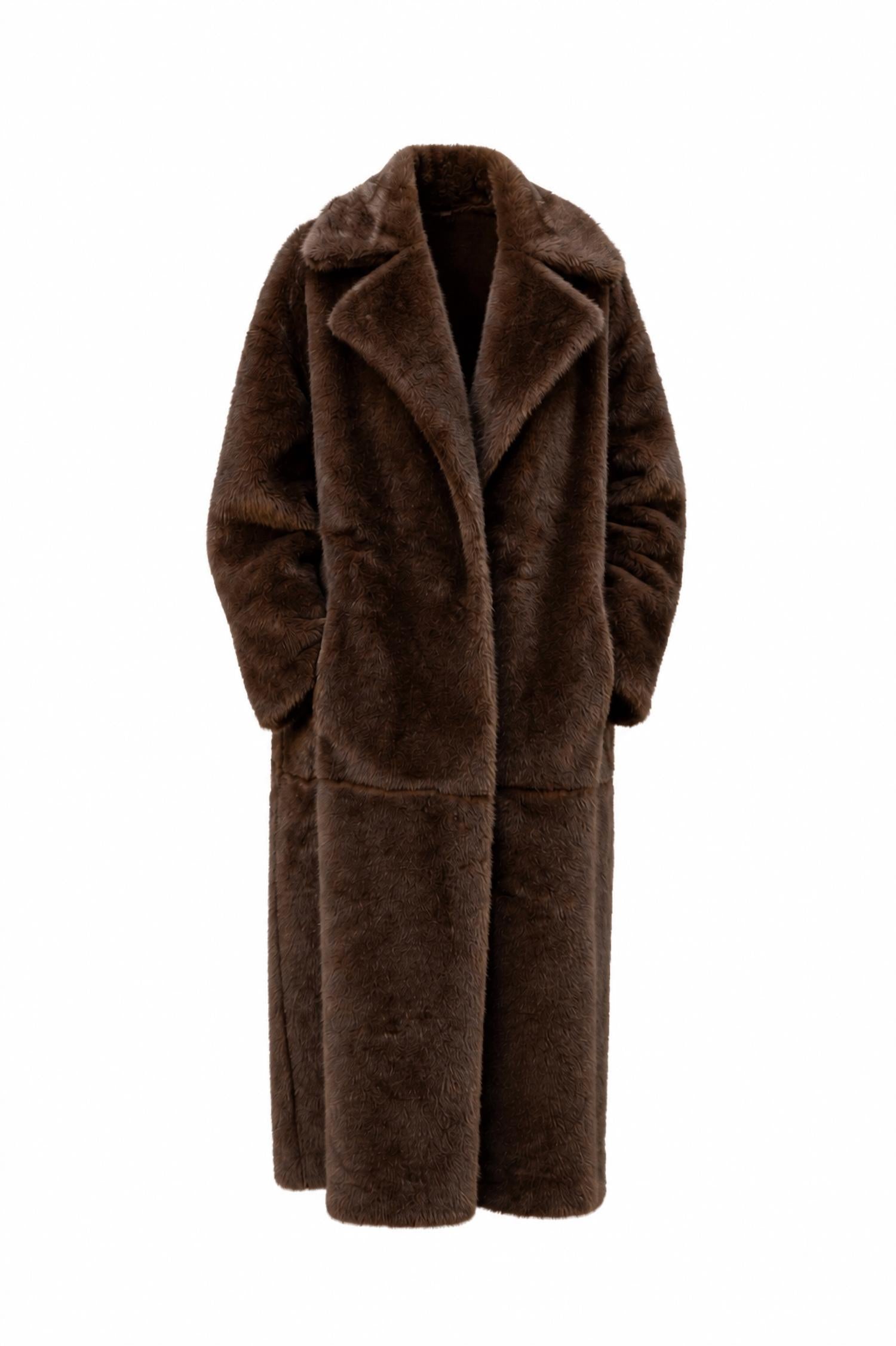 Attentif Long Faux Fur Coat in chocolate - women's jacket - detail view