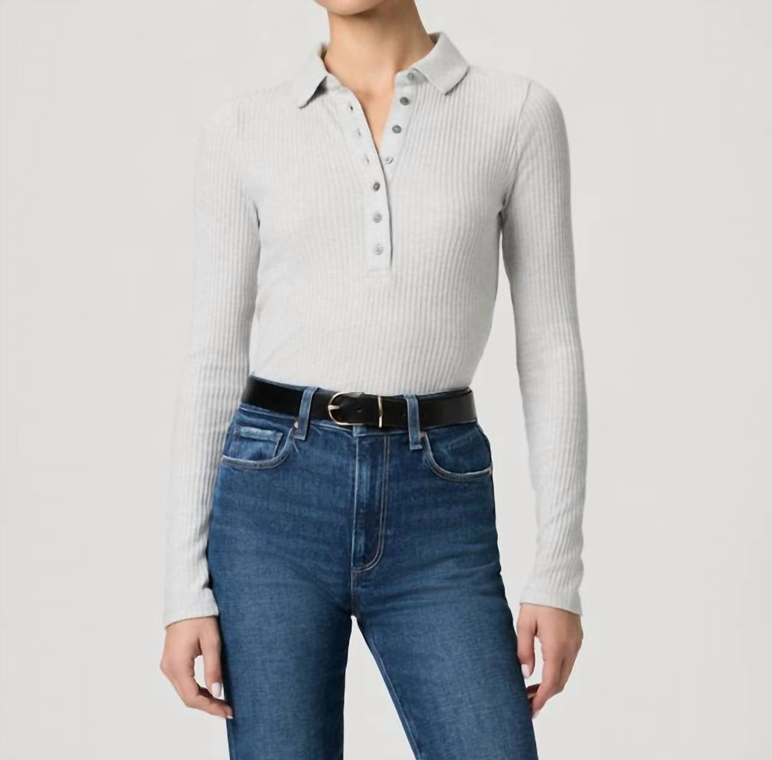 Paige Eden Collared Long Sleeve Top in heather grey - women's long sleeve top