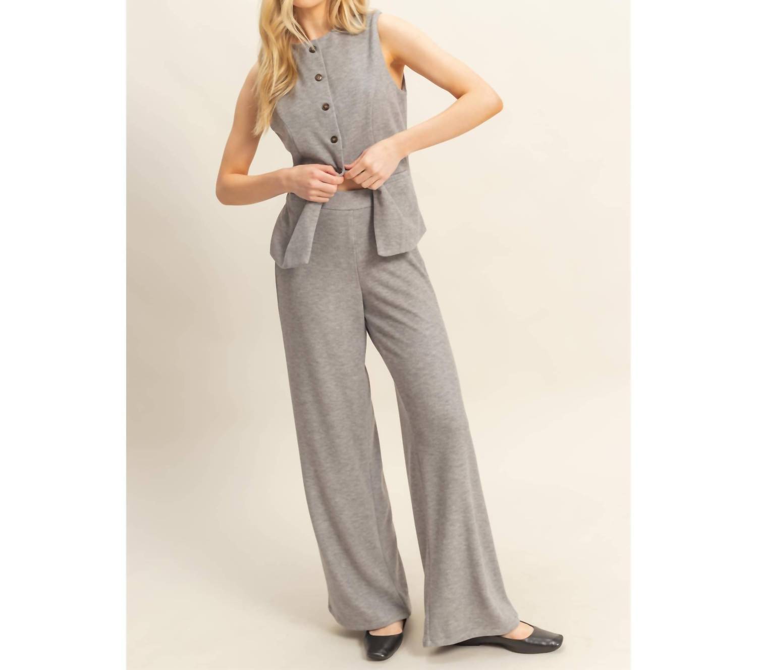 Hyfve - Ribbed Buttoned Vest And Wide-leg Pants Set