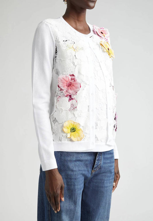 Oscar De La Renta - Long Sleeve Orchid Threadwork Embroidered Lace Cardigan