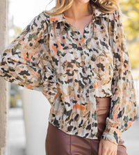 Ee:Some - Greely Watercolor Print Button Down Blouse - Curvy