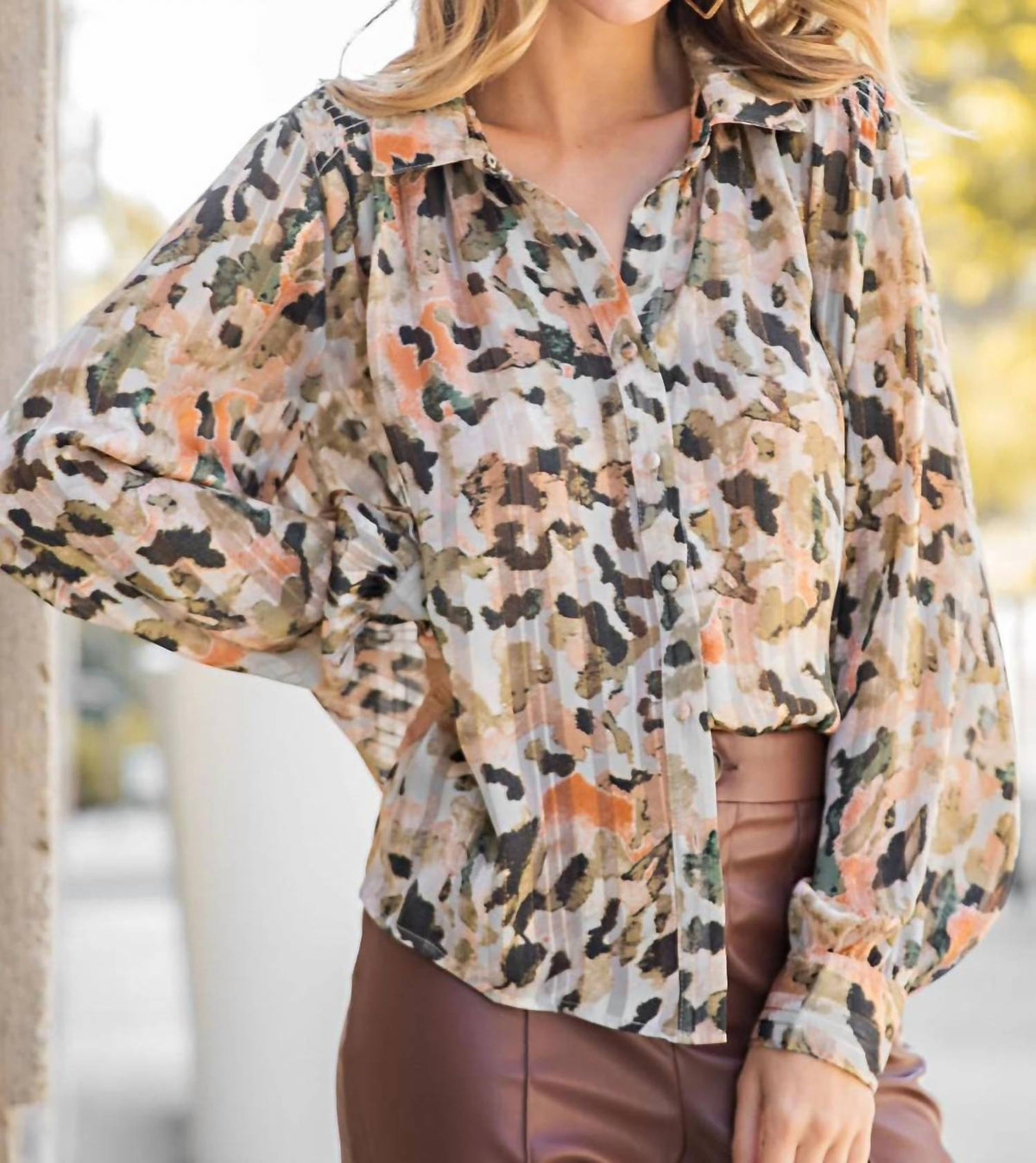 Ee:Some - Greely Watercolor Print Button Down Blouse - Curvy