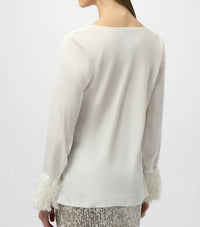 Joseph Ribkoff Cowl Neck Fringe Cuff Satin Top in winter white - women's blouse - detail view