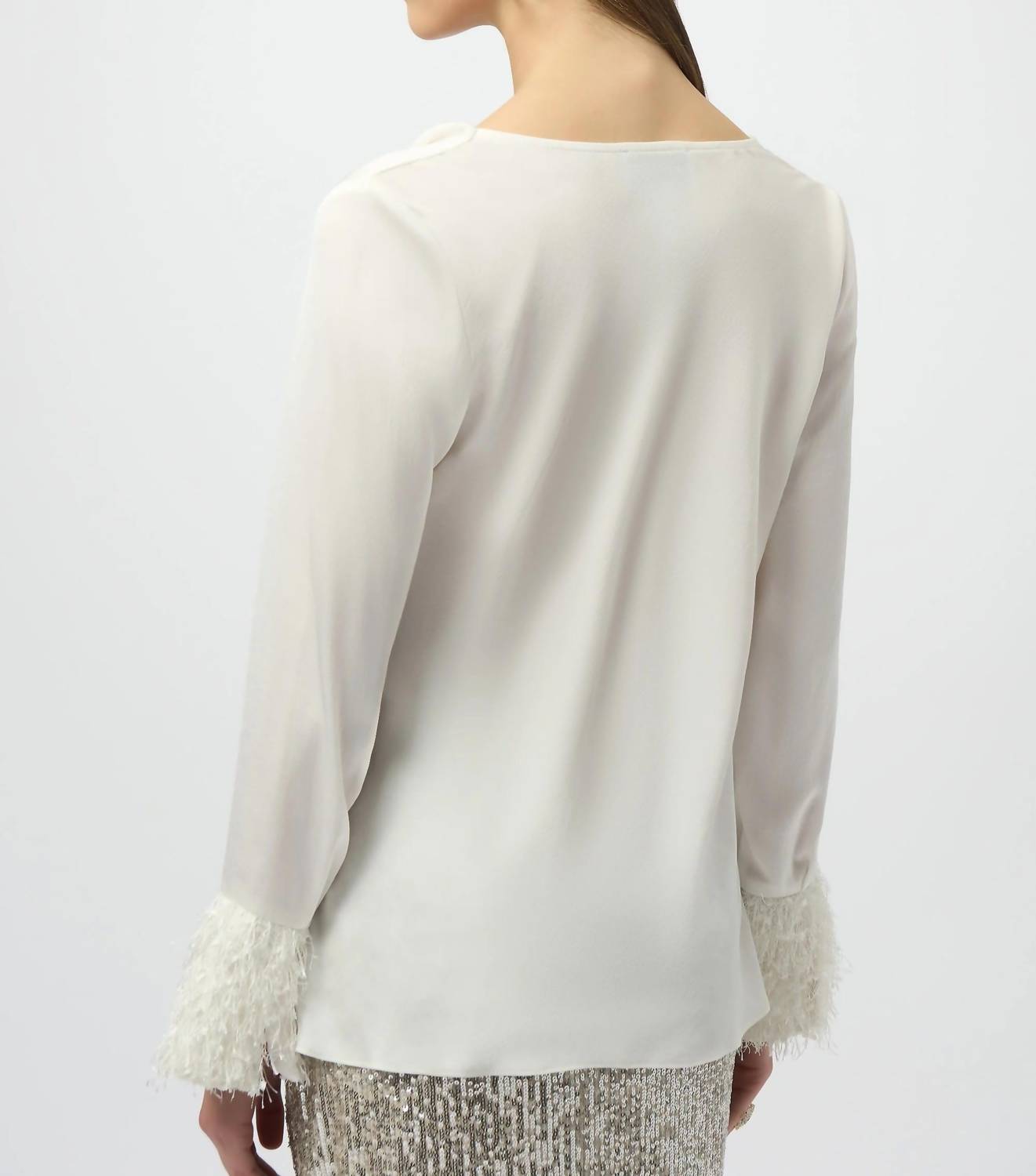 Joseph Ribkoff Cowl Neck Fringe Cuff Satin Top in winter white - women's blouse - detail view