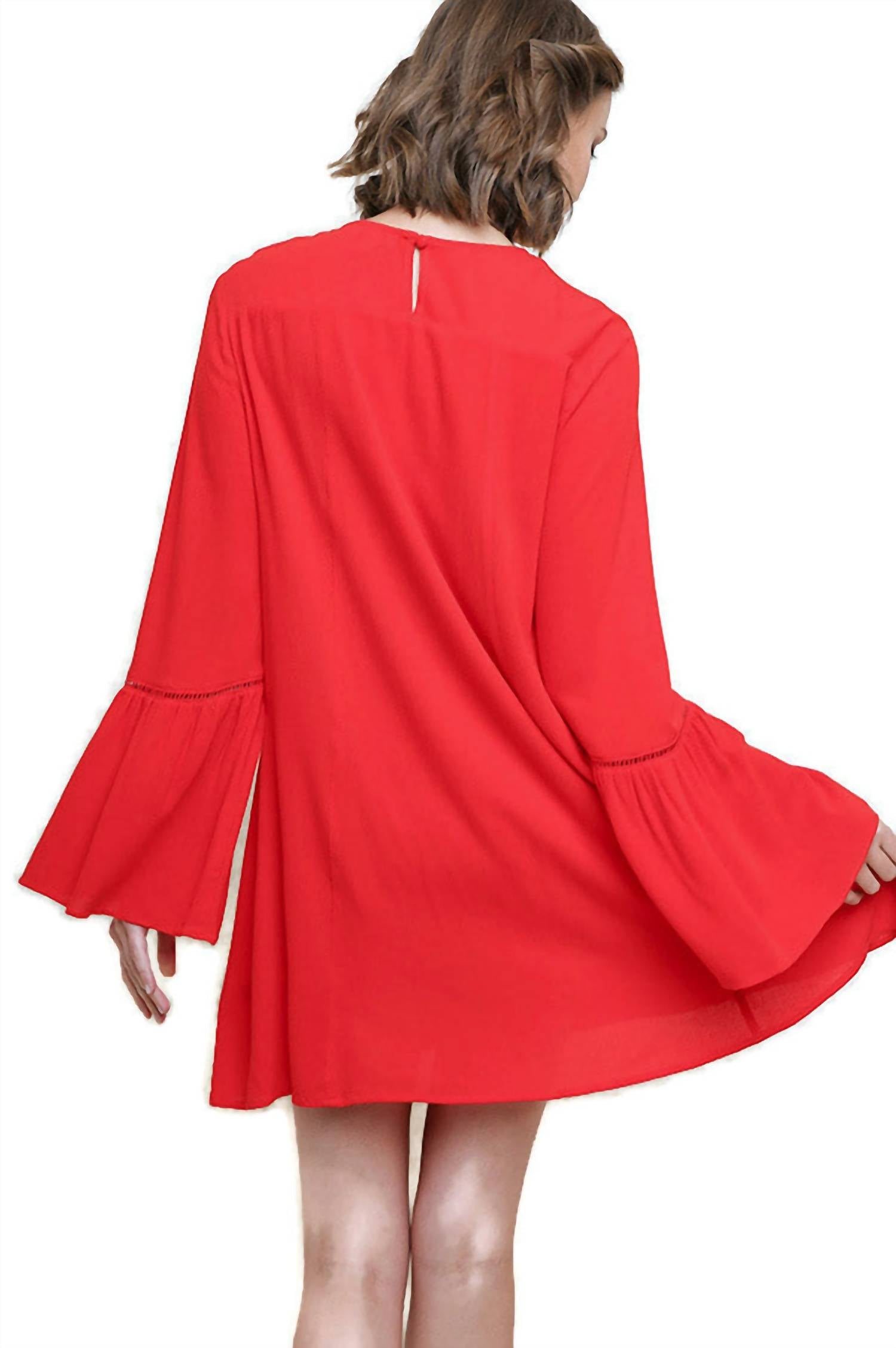 umgee Floral Embroidered Bell Sleeve Mini Dress in chili - women's dress - alternate view