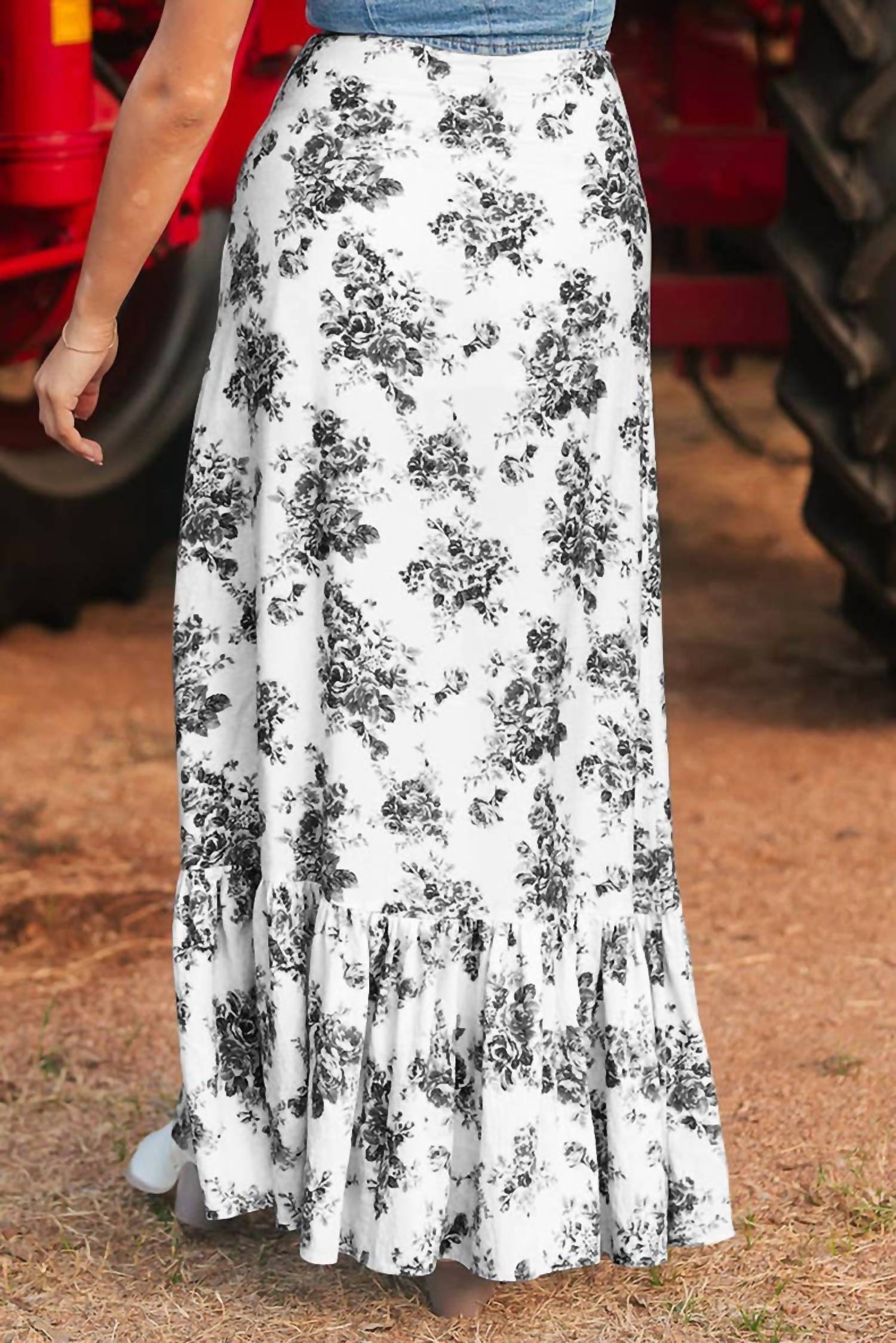 Rosa Clothing Ruffle High Silt Maxi Skirt in black floral - women's skirt - detail view