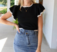 mittoshop Refined Ruffle Crew Neck Top in black - women's blouse