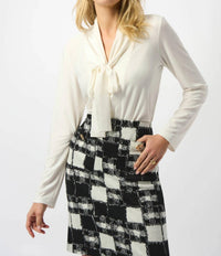 Joseph Ribkoff Pussy Bow V-neck Long Sleeve Tunic Top in winter white - women's long sleeve top