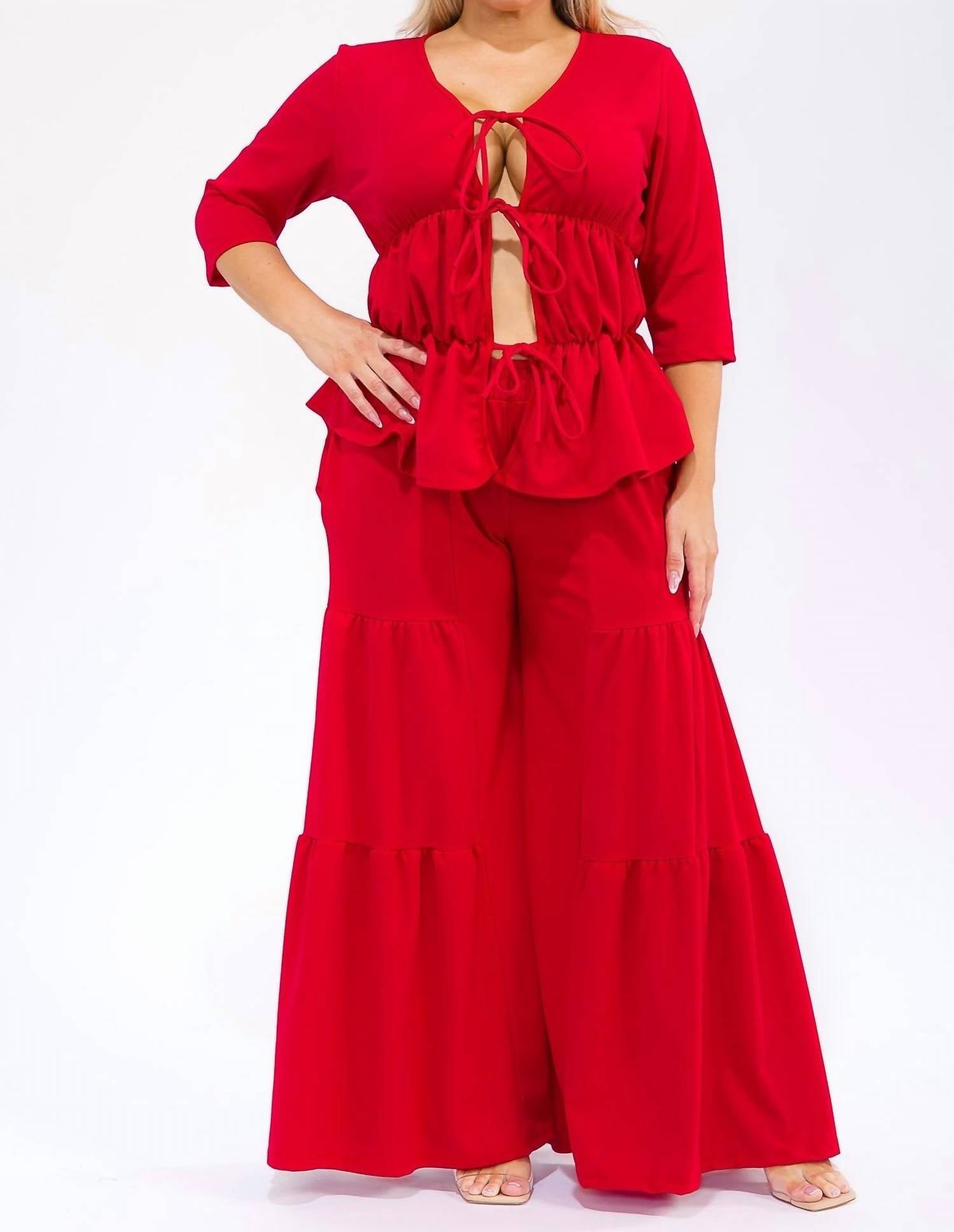 Karen T Design - Hollow Lace Up Top And Spliced Wide Leg Pants