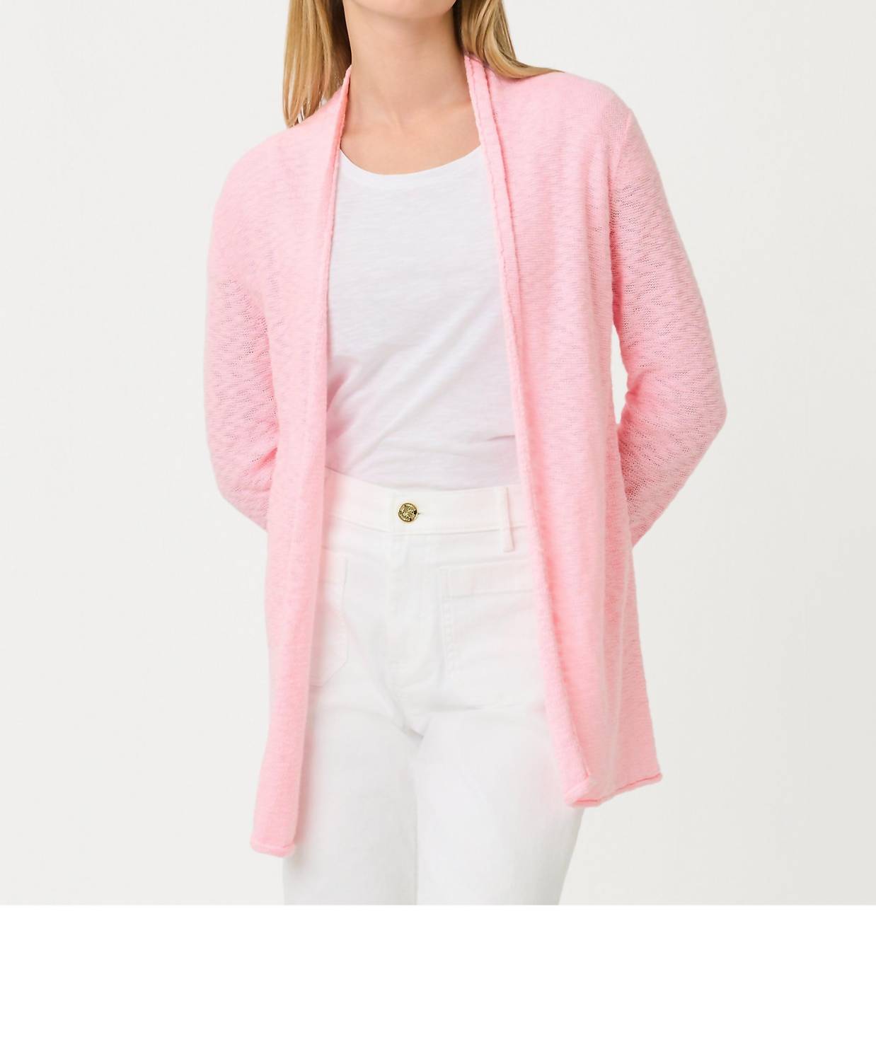 Lilly Pulitzer Faretta Long Length Cardigan in pink muse - women's cardigan - detail view
