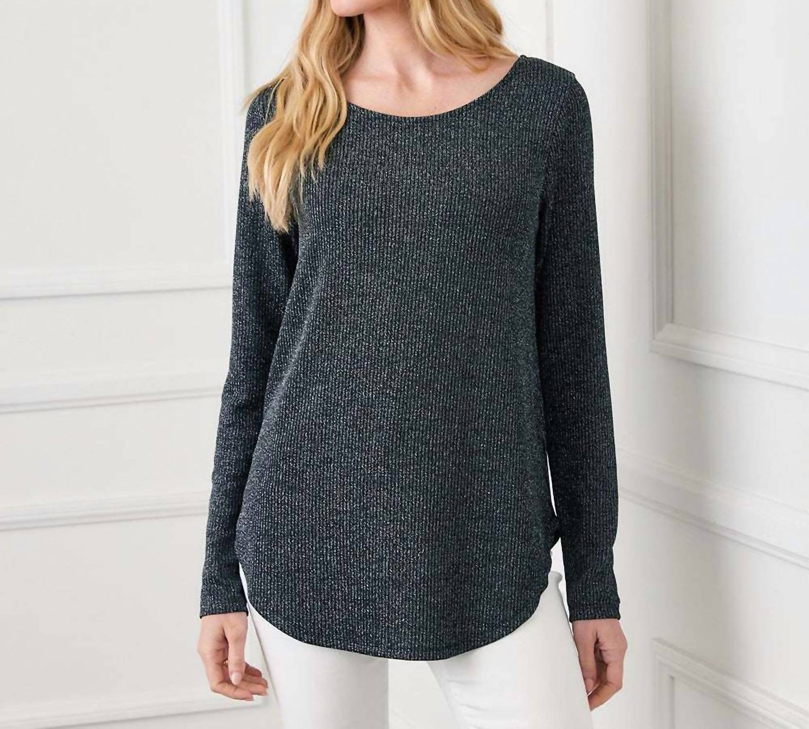 Karen Kane Long Sleeve Metallic Stripe Shirttail Top in black with silver - women's blouse - view 5