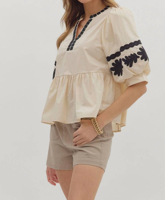 Entro - Floral Embroidered Bubble Sleeved Top