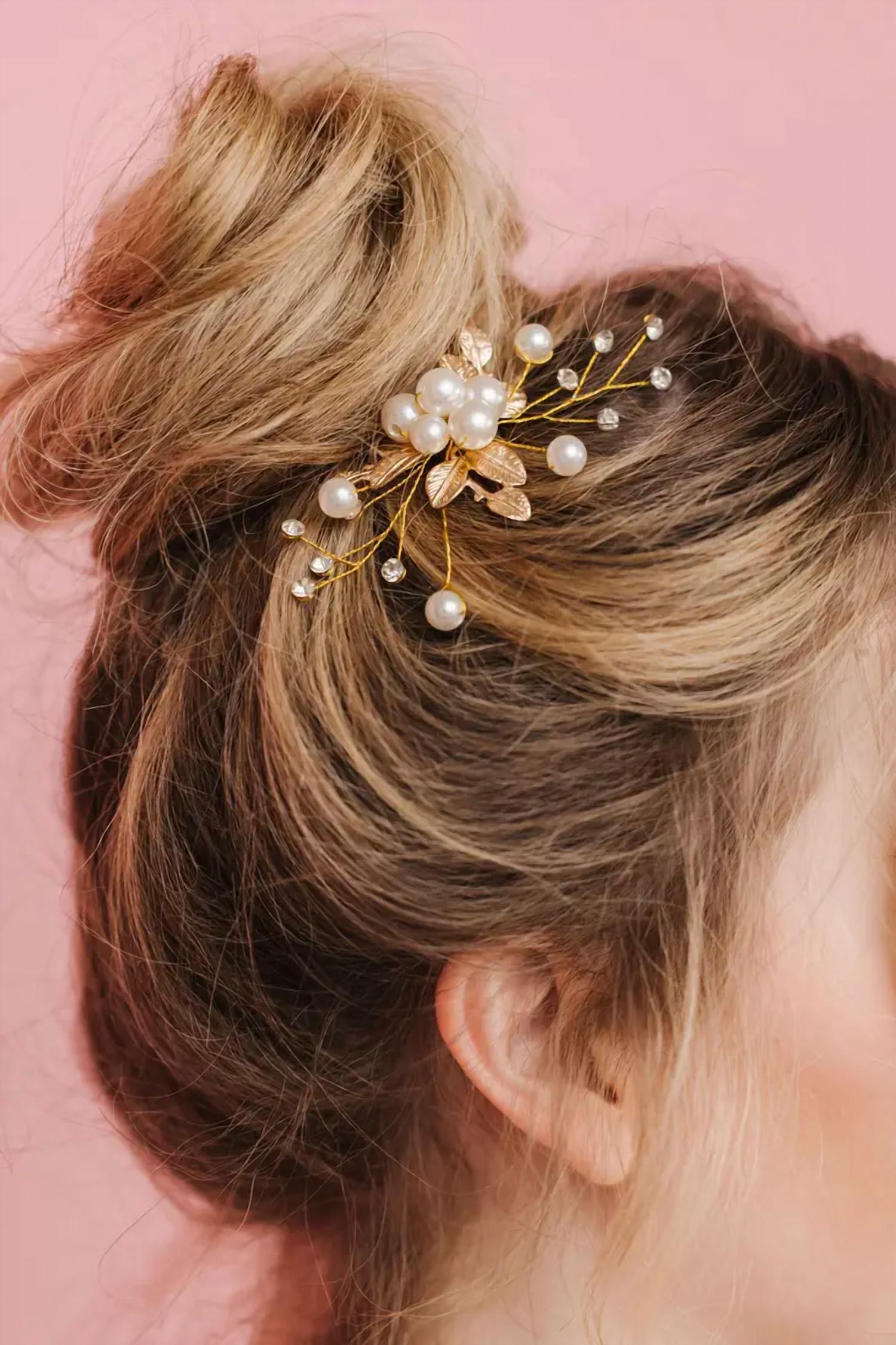 ANDI Women's Delphine Pearl Flower Hair Pin in white gold - women's accessory - alternate view