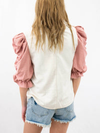 voy Color Block Puff Sleeve Top in pink and white - women's blouse - detail view