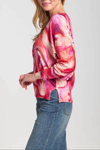 APNY Berry Marble Printed V-neck Pullover Top in pink - women's long sleeve top - alternate view