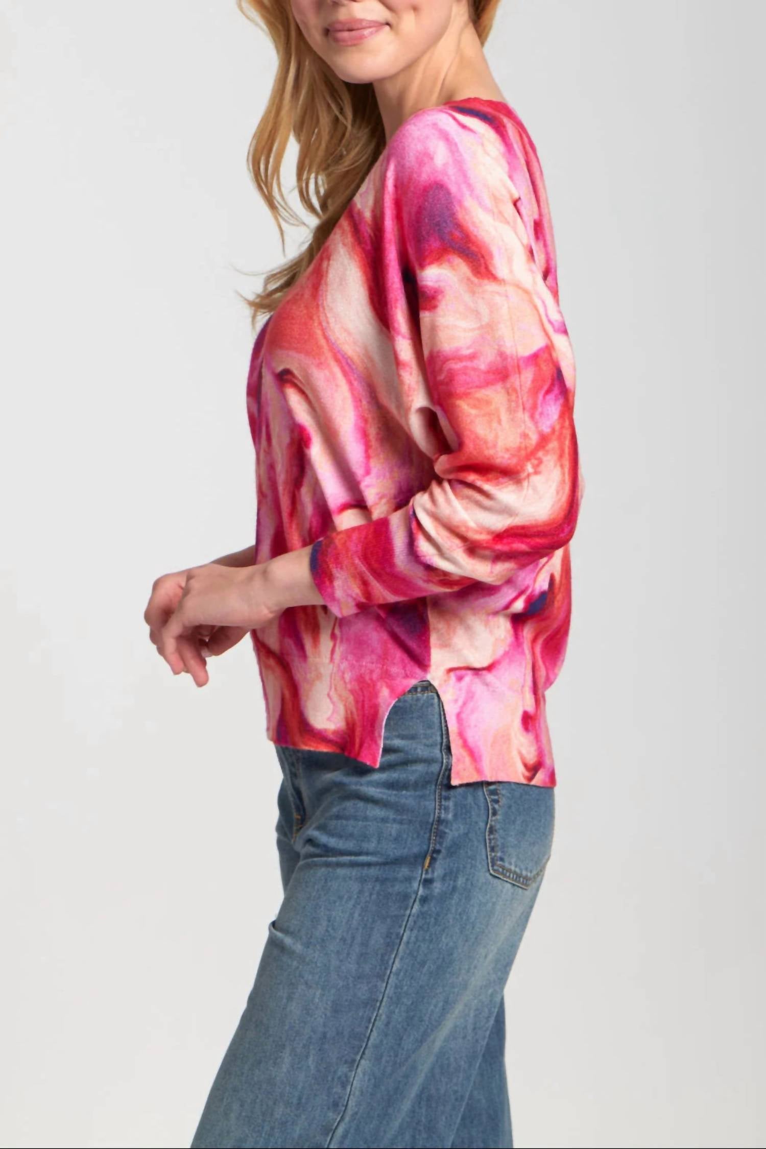 APNY Berry Marble Printed V-neck Pullover Top in pink - women's long sleeve top - alternate view