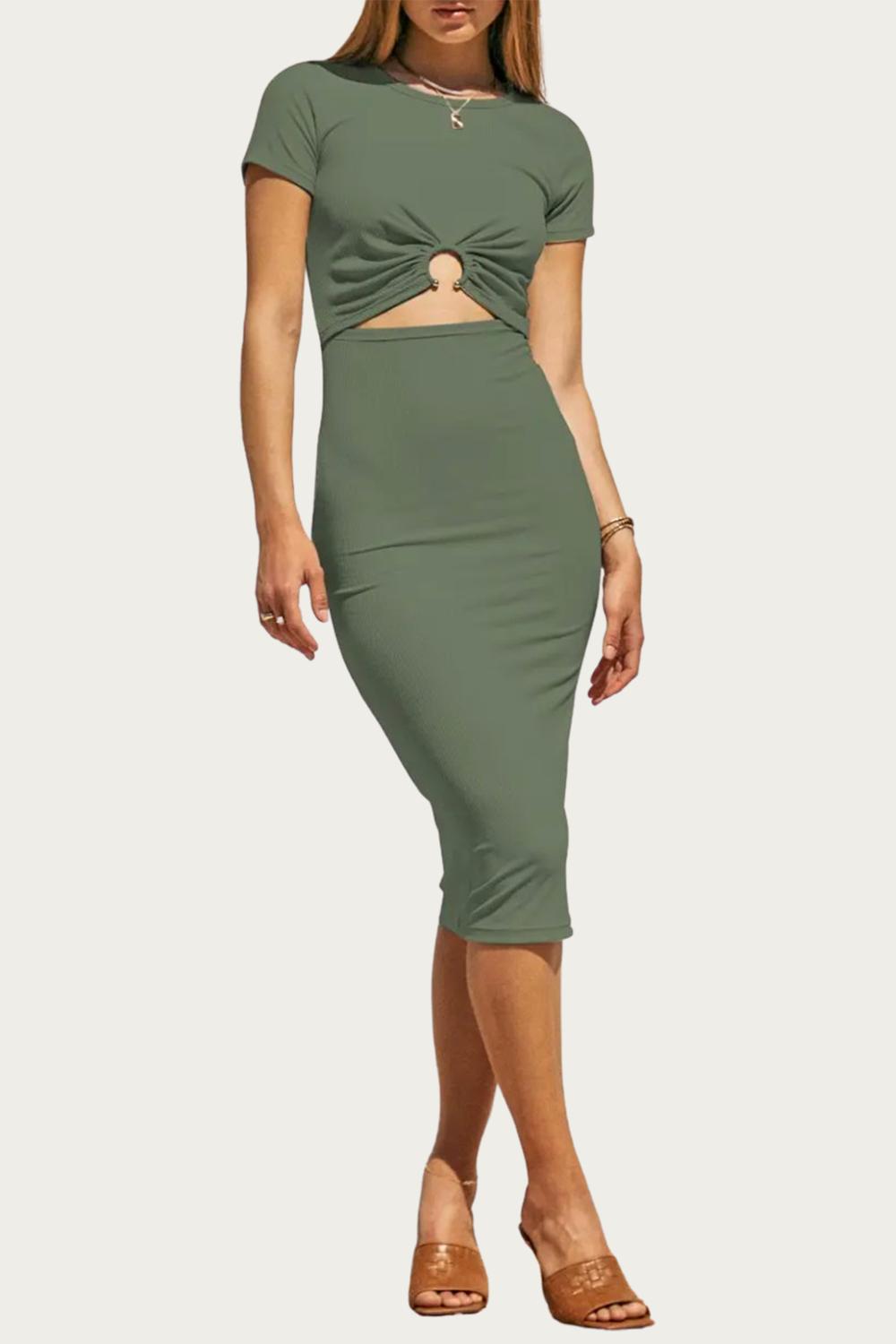 SHORT SLEEVE SOLID RIB MIDI DRESS