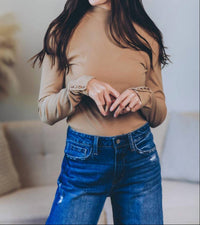Dex Ribbed Mock Neck Top in warm beige hoc spring - women's long sleeve top