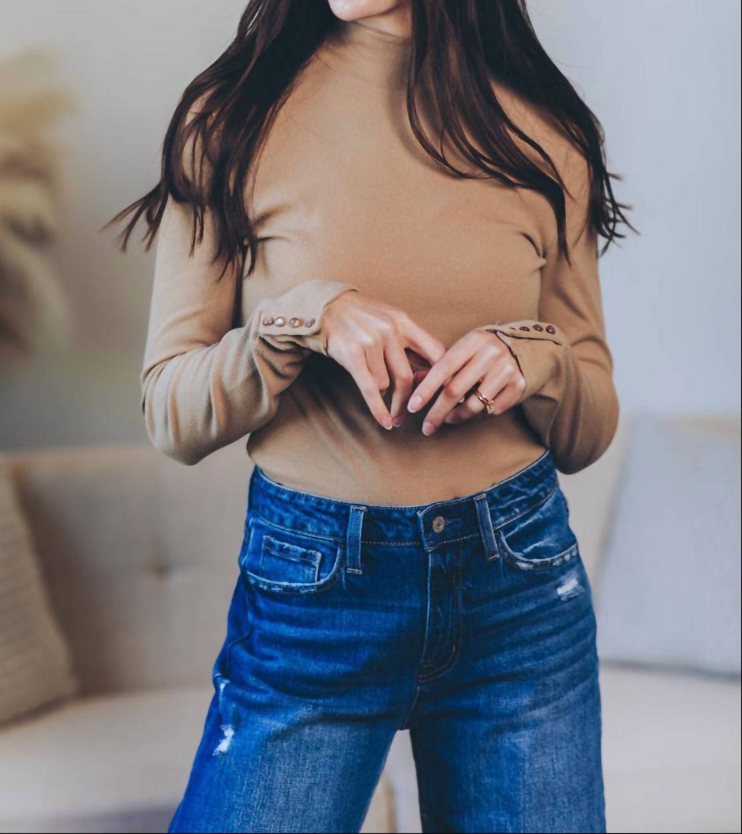 Dex Ribbed Mock Neck Top in warm beige hoc spring - women's long sleeve top