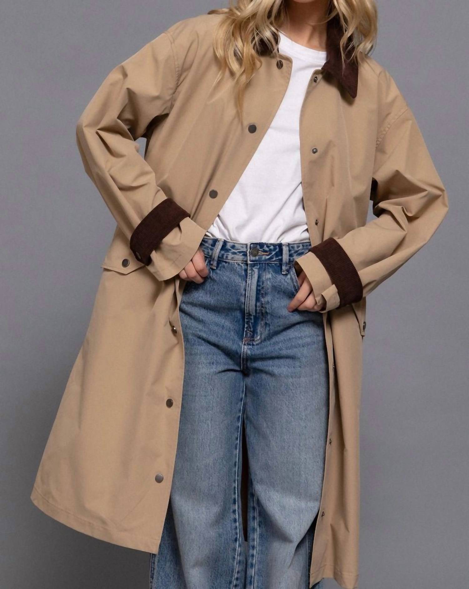 Active Basic - Long Sleeve Contrast Collar Button Down Trench Coat