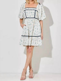 Polagram - Women's Floral Square Neck Bubble Sleeve Mini Dress