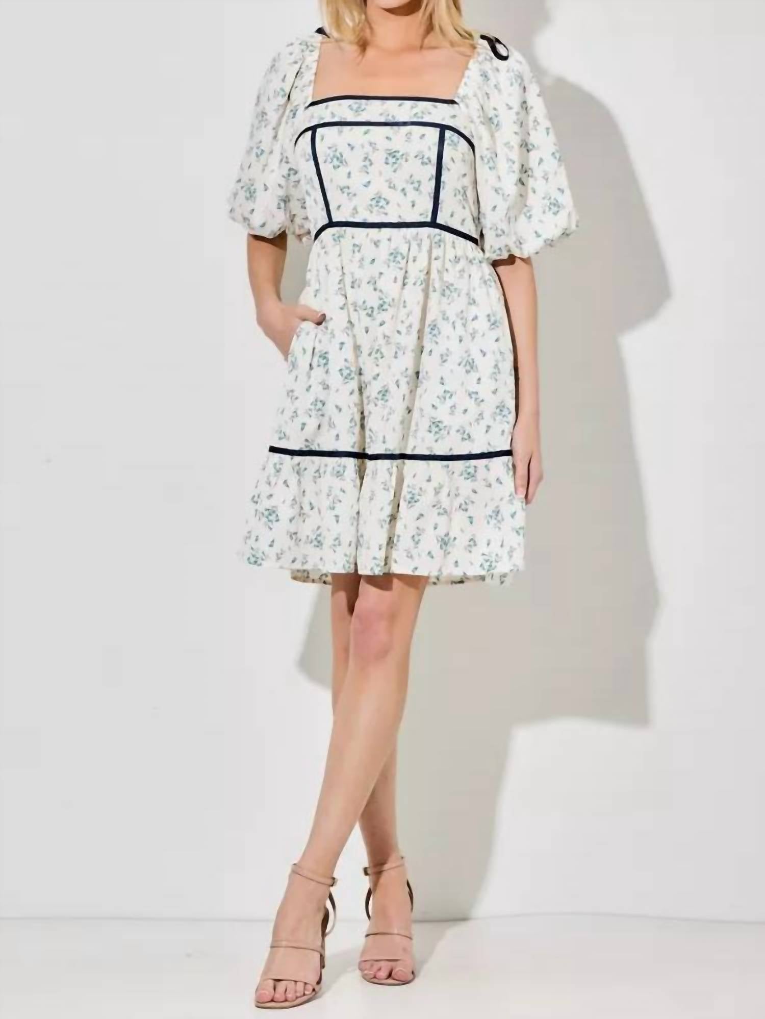 Polagram - Women's Floral Square Neck Bubble Sleeve Mini Dress