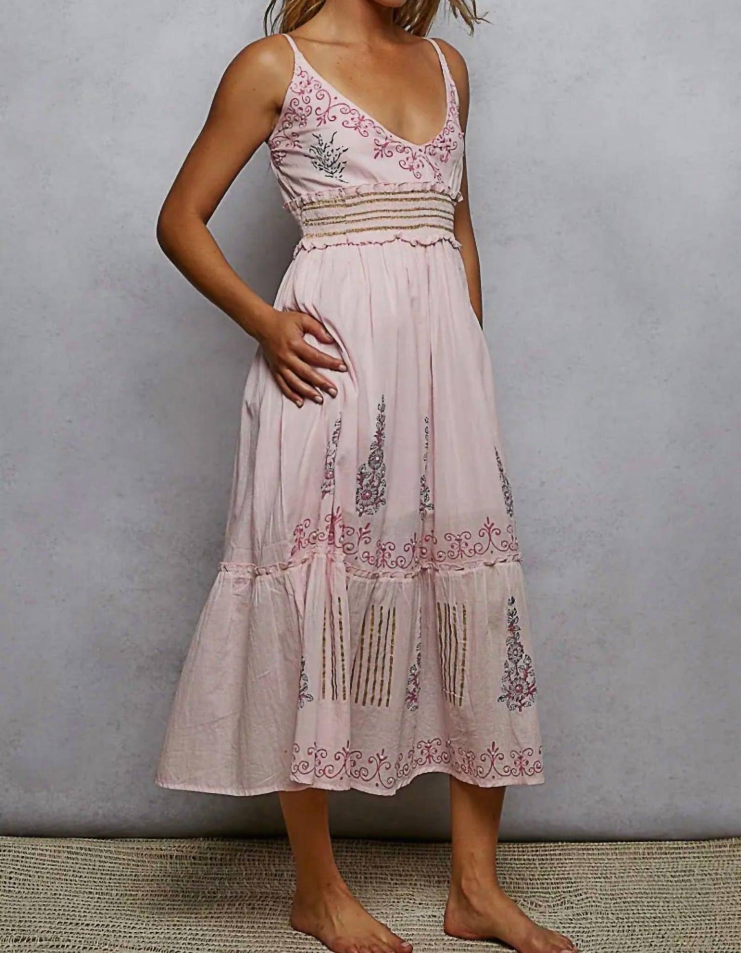 POL Smocked Band Ruffle Woven Dress in light pink - women's dress - detail view