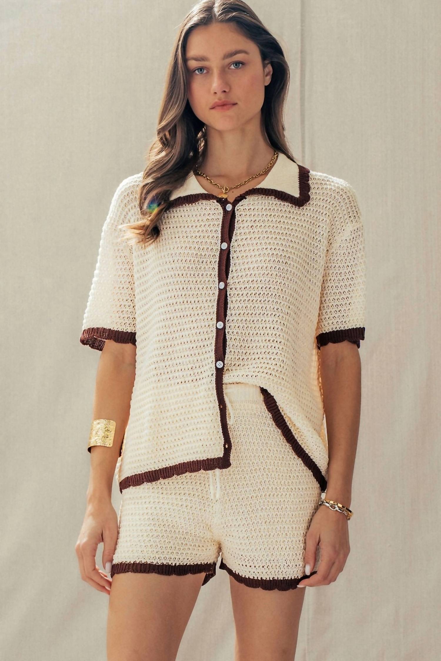 Urban Daizy - Crochet Knit Shorts & Button Down Set