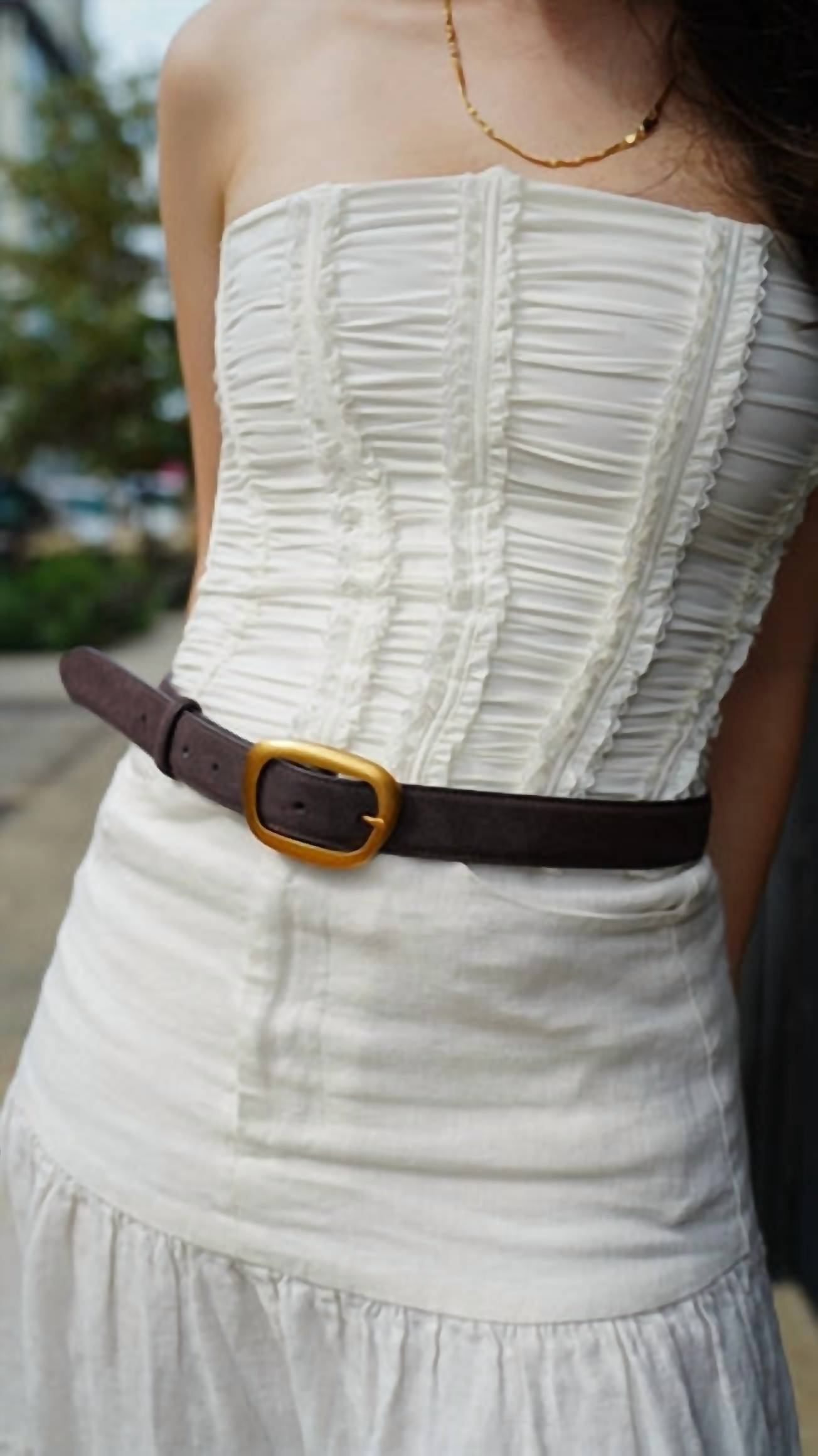 most wanted Women's Suede Belt With Organic Shape Buckle in chocolate - women's accessory - alternate view