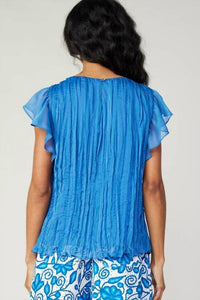 current air Flutter Short Ruffle Sleeve Crinkle Top in azure blue - women's blouse - view 5