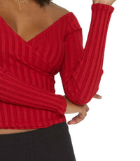PROJECT SOCIAL T Kimmi Off Shoulder Long Sleeve Top in chili - women's shirt - detail view