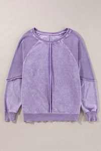 Shewin - Waffle Patchwork Raglan Sleeve Exposed Seam Sweatshirt