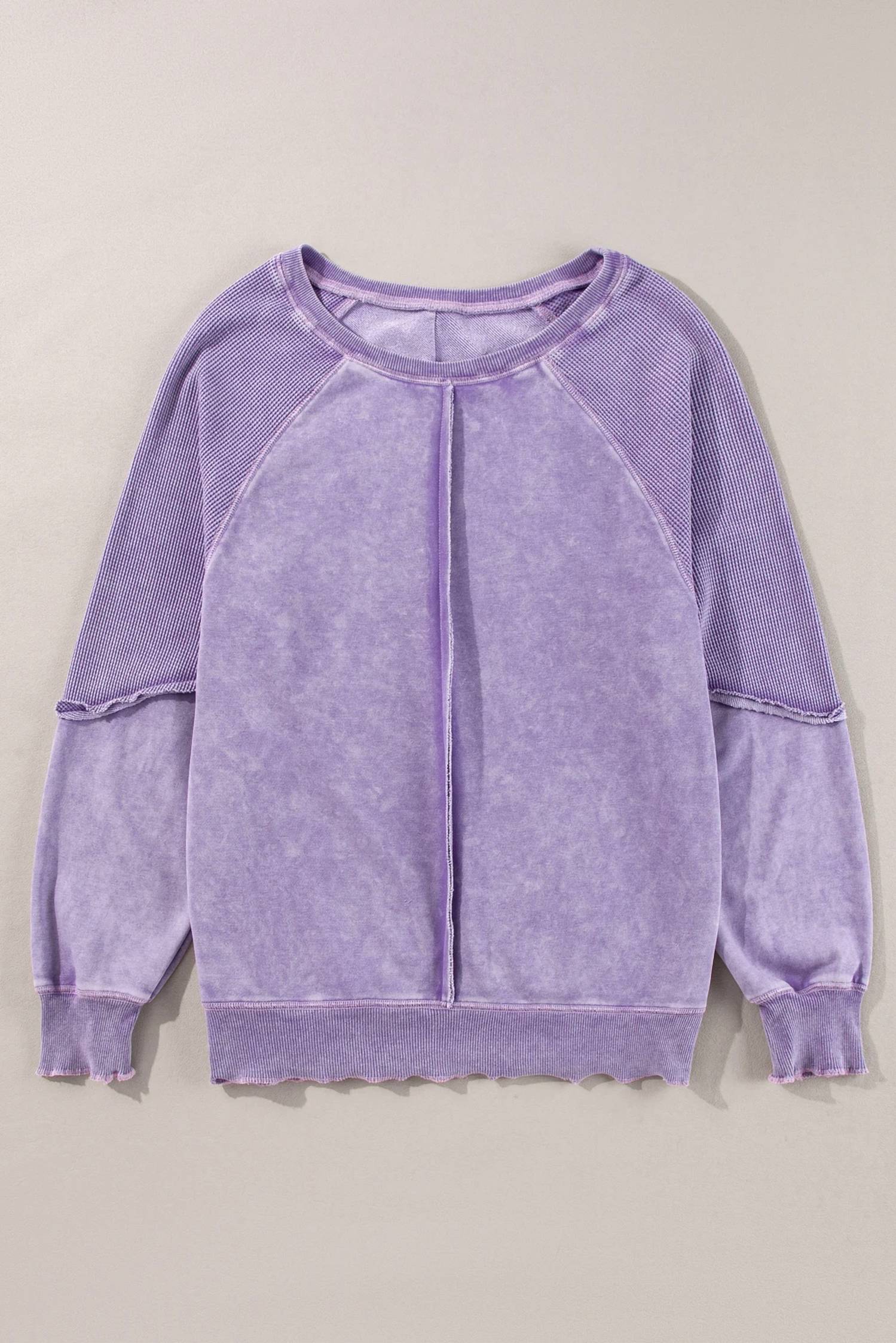 Shewin - Waffle Patchwork Raglan Sleeve Exposed Seam Sweatshirt