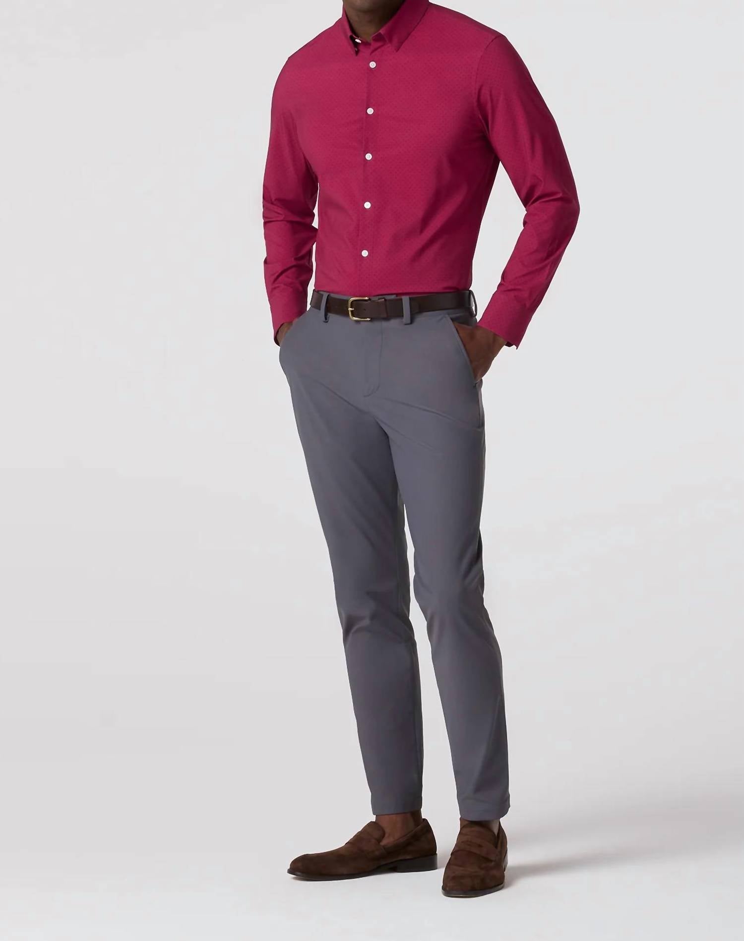 Mizzen + Main Leeward Long Sleeve Dress Shirt in mulberry dot - men's long sleeve top - detail view