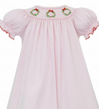 Petit Bebe - Girl's Knit Christmas Wreath Smocked Short Sleeve Bishop Dress