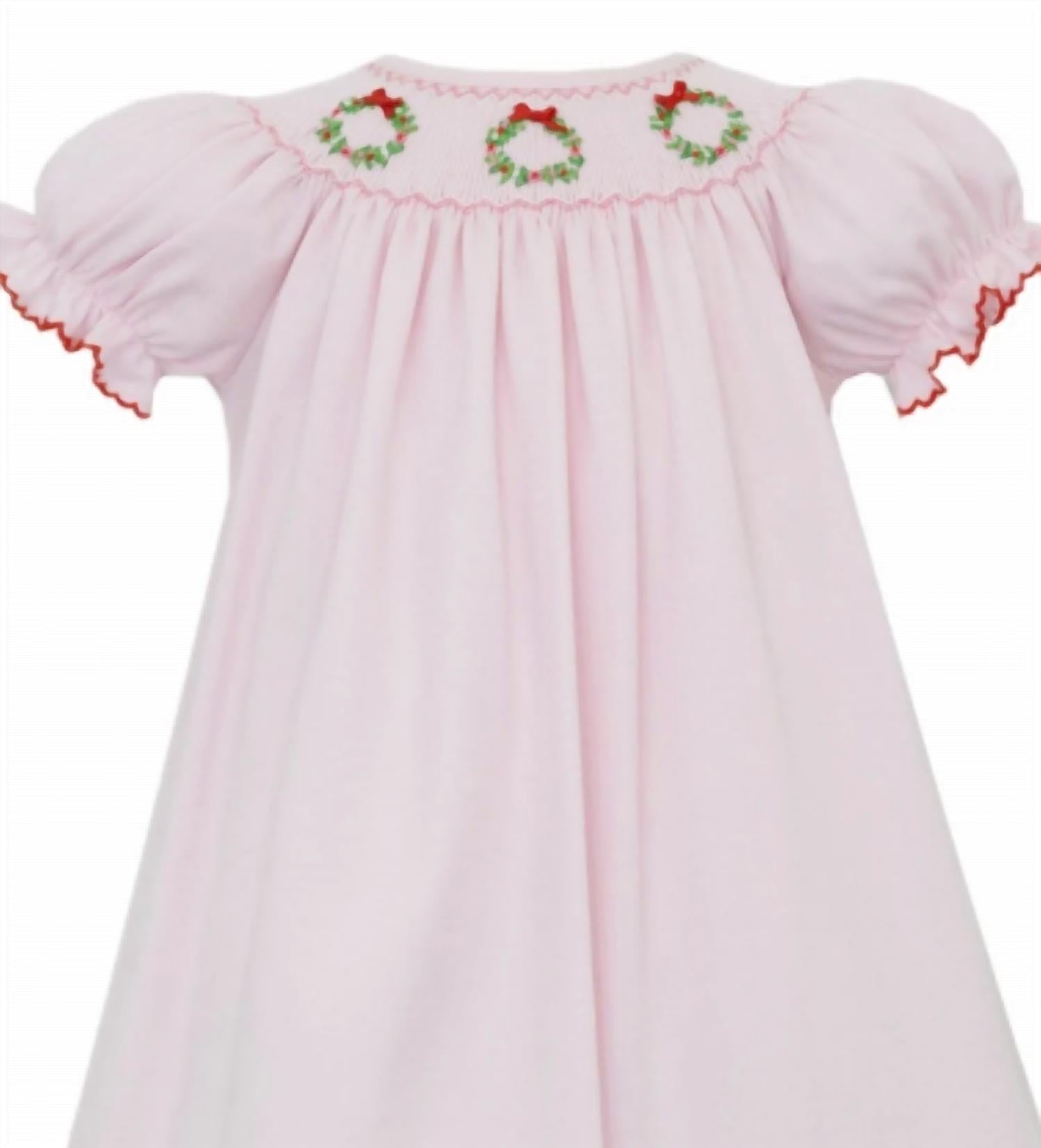 Petit Bebe - Girl's Knit Christmas Wreath Smocked Short Sleeve Bishop Dress