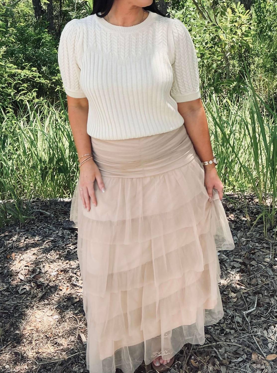 Listicle - Women's Cinched & Tiered High Waist Tulle Maxi Skirt