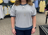umgee Striped Knit Short Sleeve Casual Top in blue - women's t-shirt