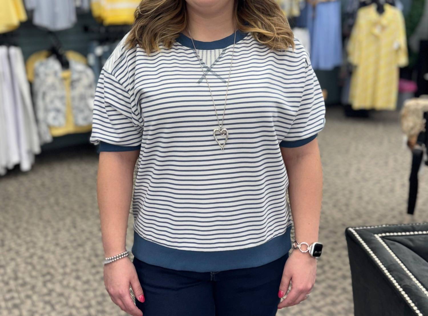 umgee Striped Knit Short Sleeve Casual Top in blue - women's t-shirt