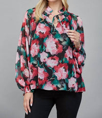 61 Jane - Women's Floral Keyhole Tie Neck Blouse