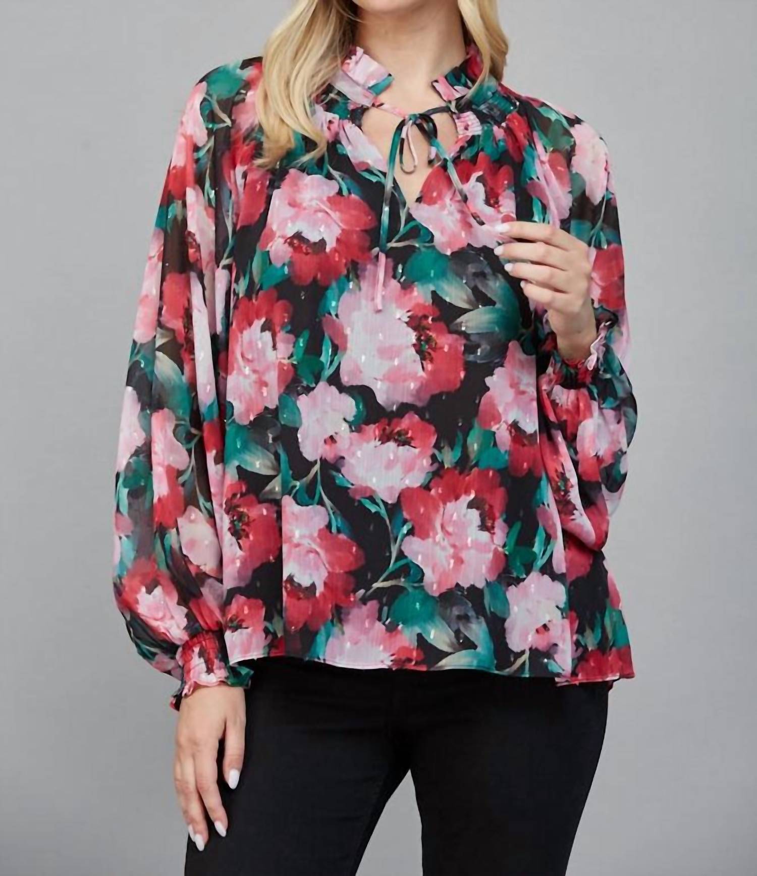 61 Jane - Women's Floral Keyhole Tie Neck Blouse