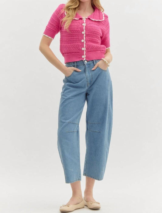 Entro - Solid Pointelle Sweater Knit Top