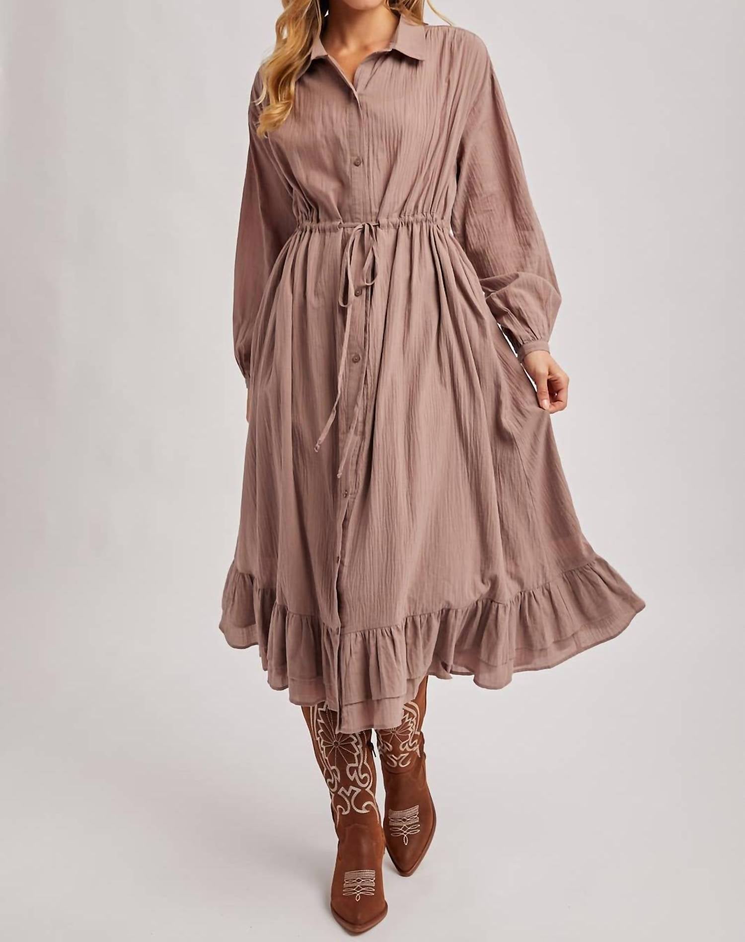 BluIvy Ruffled Midi Open Duster Shirt Dress in mauve - women's dress - view 4